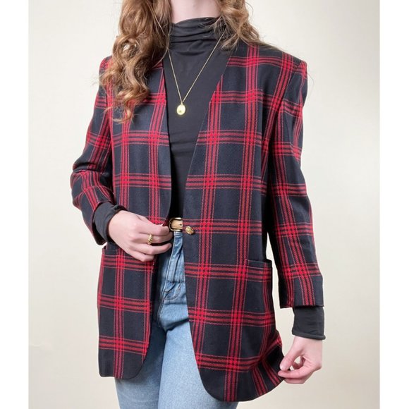 Vintage Long Plaid Oversized Blazer Jacket Coat Trench Peacoat Preppy Academia - Picture 7 of 7